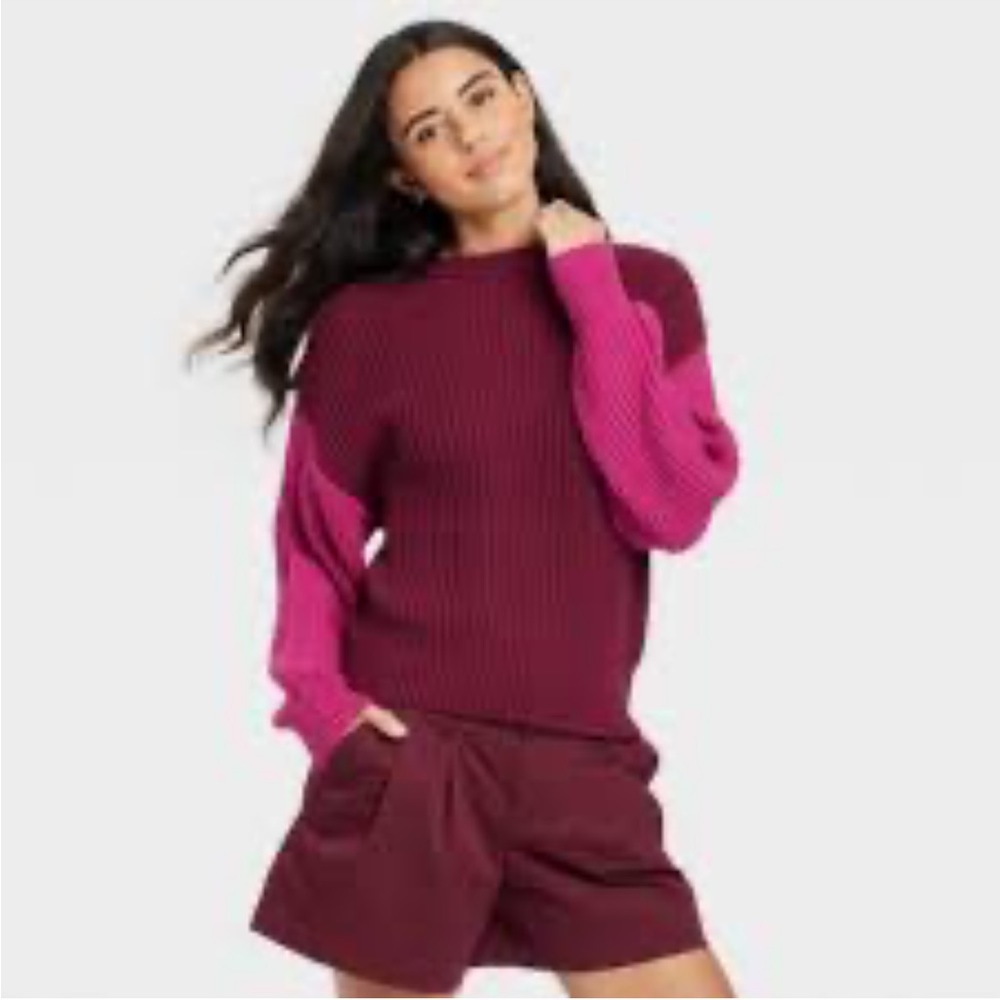 A New Day pink and cranberry colorblock sweater XXL new